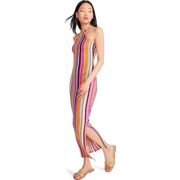 NEW Steve Madden Multicolor Rainbow Striped Sleeveless Halter Maxi Dress Sz S - Picture 2 of 11